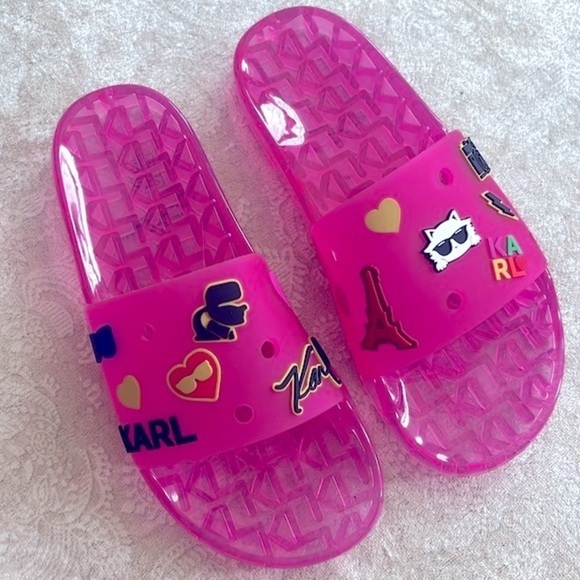 Brand New Karl Lagerfeld Paris Thea Jelly Pool Slides Embellished Pink Sandals - Picture 1 of 16